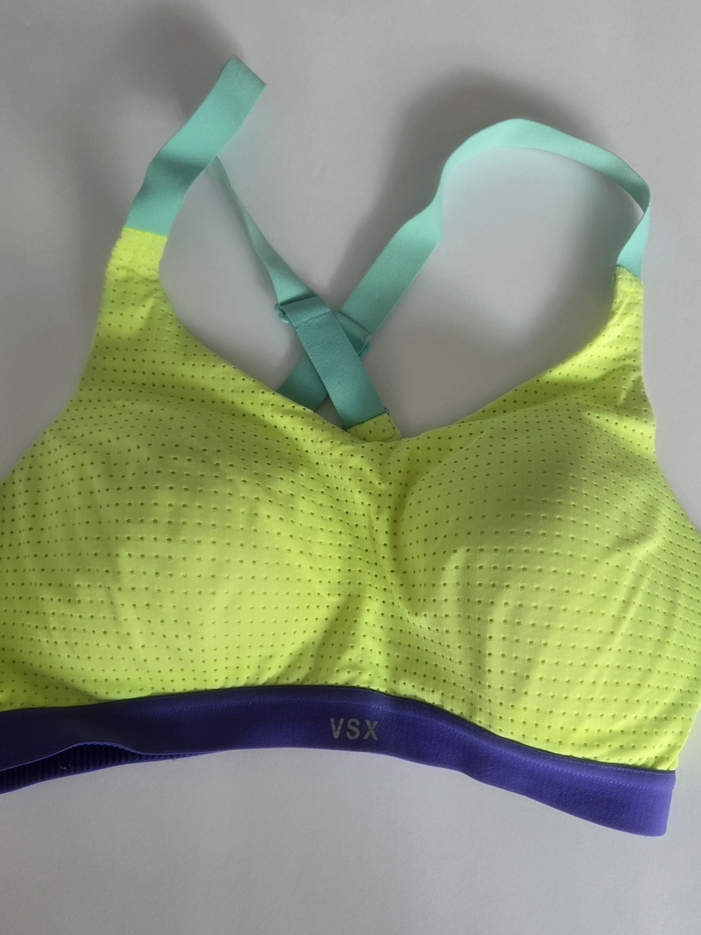 VSX Neon Yellow Sports Bra with Aqua Straps and Purple Band